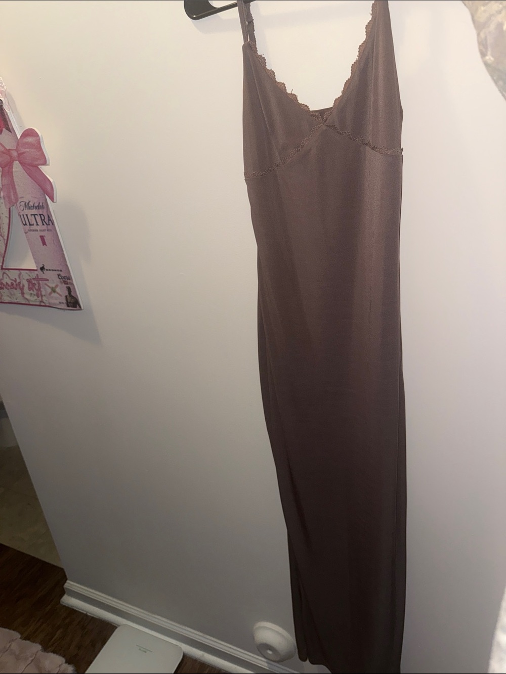 White Fox Boutique Brown Lace-Trim Maxi Slip Dress